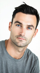 Fototapeta premium Man with blue eyes wearing gray shirt looking calm