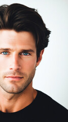 Obraz premium Bearded man with blue eyes wearing a black shirt relaxed