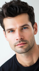 Fototapeta premium Man with blue eyes wearing black shirt looking focused