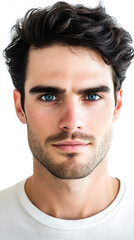 Obraz premium Man with curly hair and blue eyes looking into camera