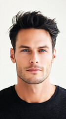 Fototapeta premium Blue-eyed man in black shirt looking directly on camera