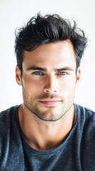 Obraz premium Thoughtful man with bright blue eyes in grey tee