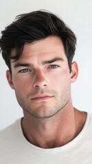 Naklejka premium Man with intense gaze in casual white shirt