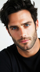 Obraz premium Man with beard and blue eyes wearing black shirt staring