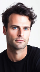 Obraz premium Pensive man with deep blue eyes in black shirt
