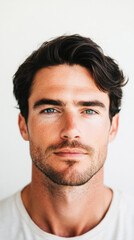 Fototapeta premium Close-up image of a man with blue eyes and facial hair.