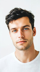 Obraz premium Man with blue eyes and light stubble in white shirt.