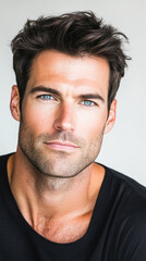 Obraz premium Man with intense blue eyes and defined facial features.