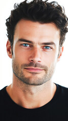 Obraz premium Man with blue eyes in black shirt looking serious.