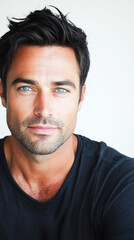 Fototapeta premium Handsome man with blue eyes wearing a black shirt.