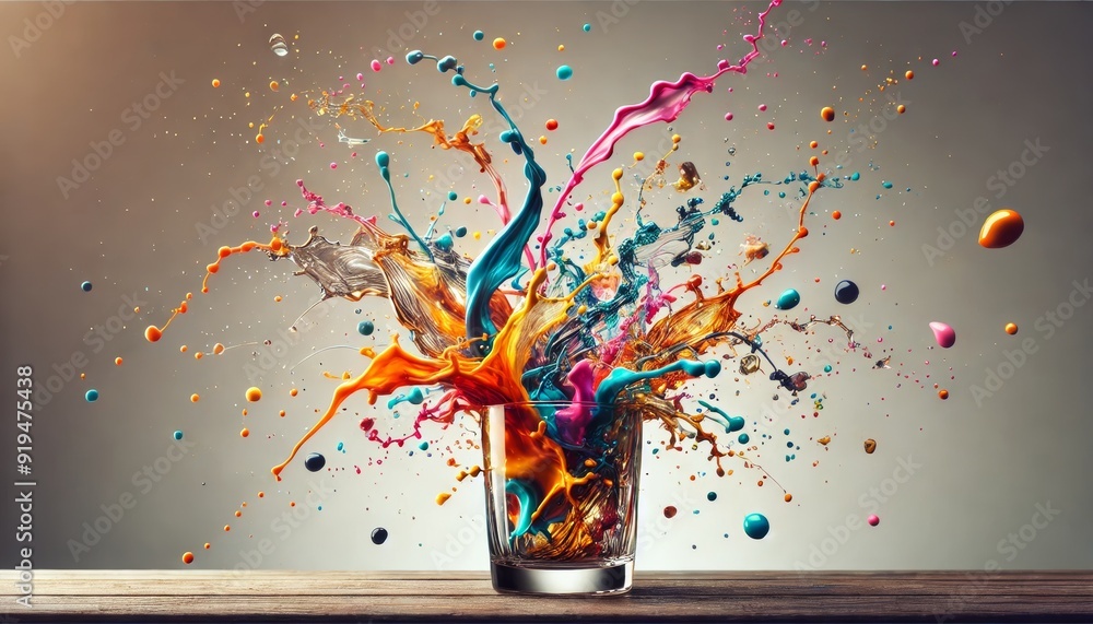Aufkleber explosion of colorful liquid splashes from a glass, creating a dynamic and vibrant abstract scene