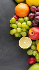 An assortment of fresh fruits and vegetables artfully arranged on a black wooden surface, highlighting vibrant colors and natural beauty