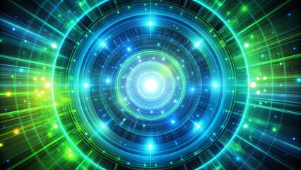 Obraz premium Vibrant abstract illustration of pulsing energy circles in neon blue and green hues, radiating from a central point, surrounded by orbiting digital graphics elements.
