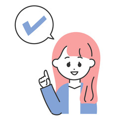 指差しをするチェックの女性　確認　チェック