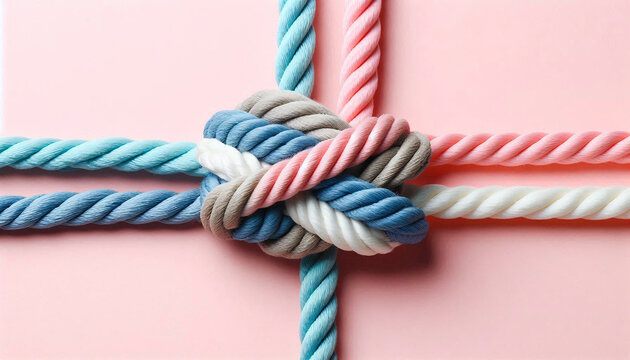Ropes of different colors tied into a knot, pastel background