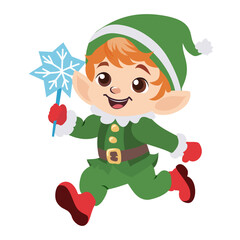 Cute joyful little elf boy running with a snowflake shaped candy in his hand.