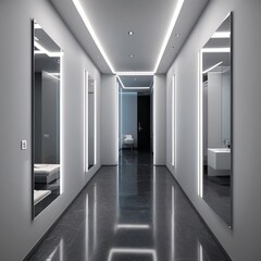 Futuristic Hallway with Mirror Reflections