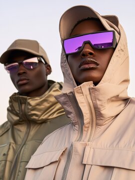 Cool models in a  streetwear fashion campaign, African American woman and man models wearing techwear jackets and sunglasses, sky background