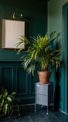 A green walls with a plant on top of the table, AI