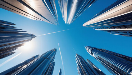 Low-Angle Urban Skyscrapers Against Clear Blue Sky with Reflective Surfaces and Dawn Light Rays