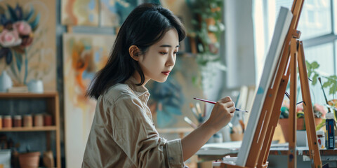 A young woman artist is painting on a canvas in her studio, surrounded by art supplies and other paintings.. asian woman
