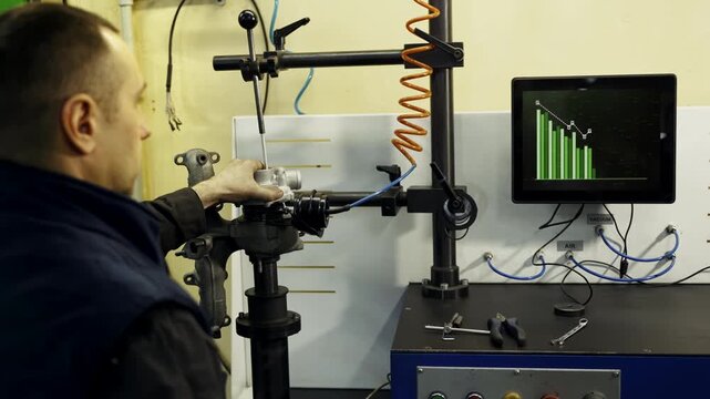 An auto mechanic at a service station tests a car turbocharger on a computer, a power graph is shown on the screen