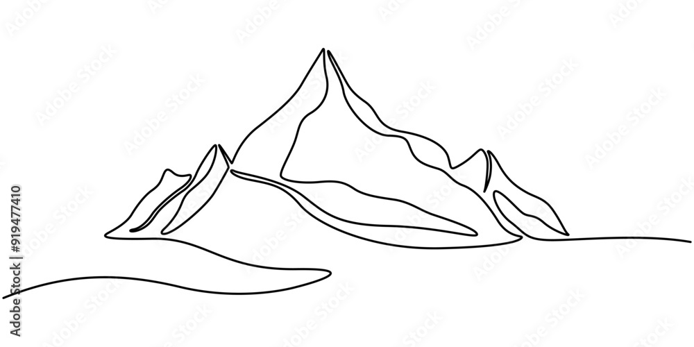 Poster one continuous line drawing of mountain range landscape. top view of mounts in simple linear style. 