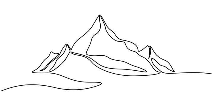 One continuous line drawing of mountain range landscape. Top view of mounts in simple linear style. Adventure winter sports concept isolated on white background. Doodle vector illustration, Mountains.