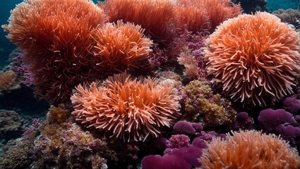 Fototapeta premium Crimson Coral Symphony: A vibrant tapestry of soft corals in a dazzling array of colors, showcasing the breathtaking beauty of a thriving reef ecosystem. 