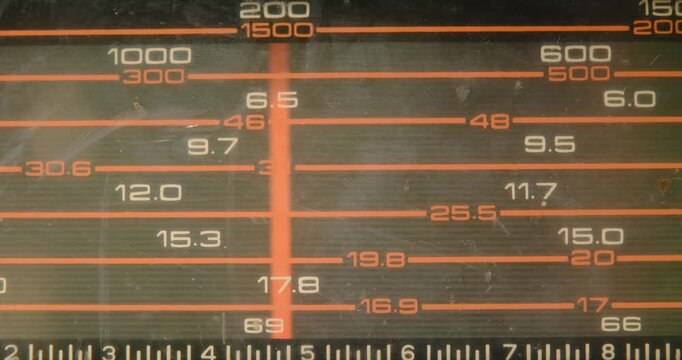 Tuning the frequency of the radio station on the old radio. The red arrow moves on a scale with numbers. Close up view.