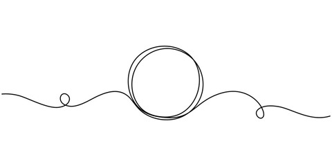 Continuous one line drawing of black circle. Round frame sketch outline on white background. Doodle vector illustration, continuous drawing of one line of a round spiral, a dream catcher web.