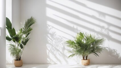 Sunlight Streaming Through:  Sunlight streams through a window, casting long, dramatic shadows on the white walls, enhancing the minimalist aesthetic of a room with potted plants.  