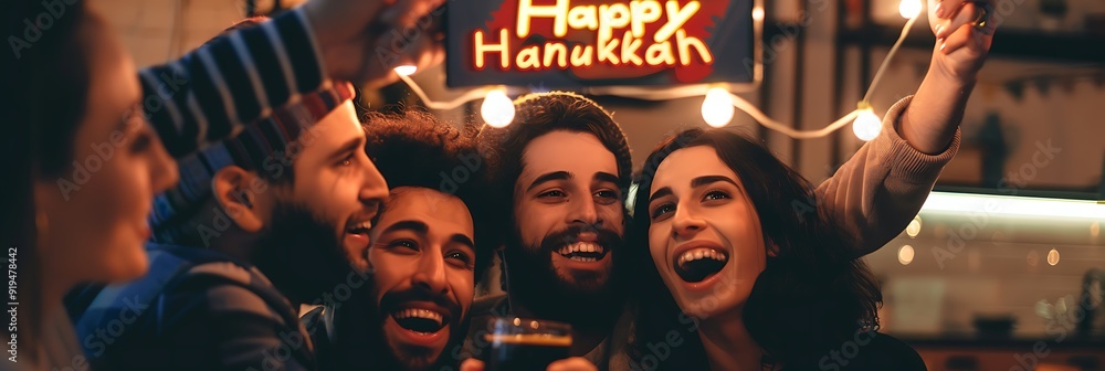 Poster group of friends taking a selfie with a happy hanukkah backdrop at a festive gathering enhancing the