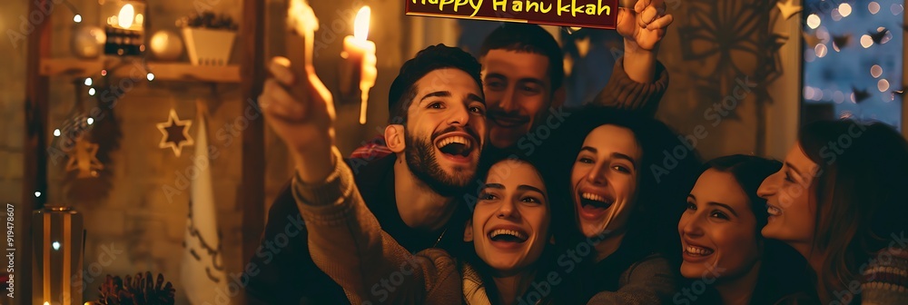 Poster group of friends taking a selfie with a happy hanukkah backdrop at a festive gathering enhancing the