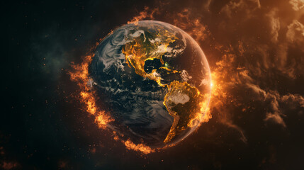 Earth engulfed in flames representing rising temperatures, global warming awareness campaign.
