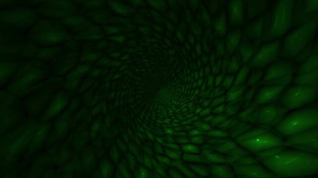 Snake Scale Green Tunnel 4K Loop features movement out of a tunnel that looks to be covered in green snake scales in a loop.
