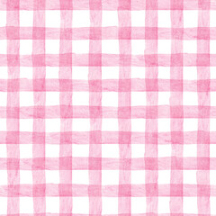 Pastel pink Gingham watercolor seamless pattern. Checkered hand drawn background
