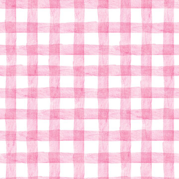 Fototapeta Pastel pink Gingham watercolor seamless pattern. Checkered hand drawn background