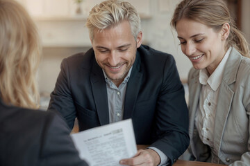 Obraz premium Portrait of happy couple meeting lawyer for advice and lawyer's legal services and signs documents