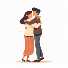 A couple with forced hugs, pretending to love concept, flat design, neutral colors, isolated on white background