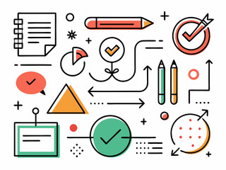 Sketch line frames, pointers. Doodle arrow, circle, oval and square shape frame, check mark elements. Freehand black marker, pen underline and navigation symbols. Vector set
