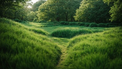 Serene Pathway Through a Sun-Dappled Grove: A tranquil path winds its way through a lush grove, bathed in the warm glow of morning sunlight. The trees stand tall and proud, their leaves shimmering wit