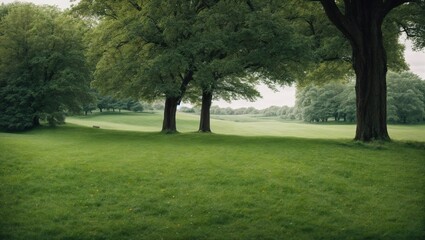 Obraz premium Tranquil Meadow: A picturesque view of a lush green meadow framed by towering trees. The soft, dappled light creates a tranquil and serene atmosphere, inviting viewers to imagine a peaceful escape fro