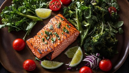 Salmon Delight: A mouthwatering platter featuring perfectly cooked salmon, adorned with a vibrant mix of fresh vegetables, including broccoli, red onion, cherry tomatoes, and lime wedges. This invitin