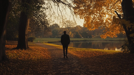 Fototapeta premium silhouette of a person walking in autumn park