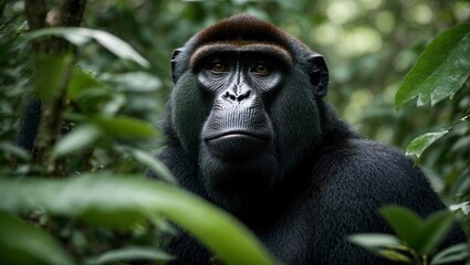 Obraz premium Gorilla in the Jungle: A powerful and majestic gorilla peers through the lush foliage of a dense jungle, its piercing gaze conveying both intelligence and primal strength. The intricate details of its