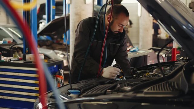 Caucasian male mechanic in gloves with flashlight checking the condition of the car under hood at a service stationauton
