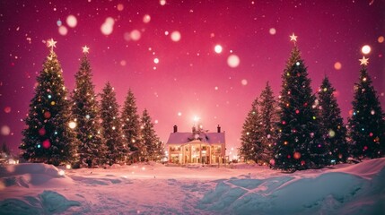 Naklejka premium Winter Wonderland: A picturesque snowy landscape with a charming house and twinkling Christmas trees under a pink sky with falling snow. A magical scene perfect for holiday cards, invitations, and f