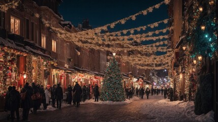 Enchanted Christmas Street: A picturesque European street, adorned with twinkling lights and a towering Christmas tree, creates a magical winter wonderland. The festive atmosphere is palpable, with pe