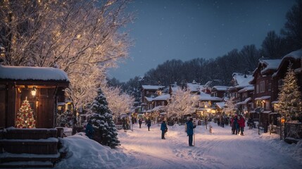Naklejka premium Winter Wonderland: A picturesque snowy village glows with festive lights, creating a magical ambiance as residents stroll through the snow-covered streets. This enchanting scene evokes warmth and joy,